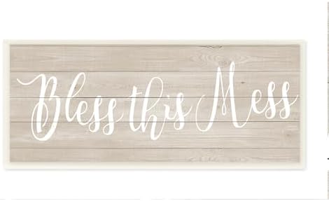 Stupell Industries Bless This Mess Family Home Inspirational Word Textured Wood Design Wall Plaque Art by Anna Quach, 7 x 0.5 x 17, Multi-Color