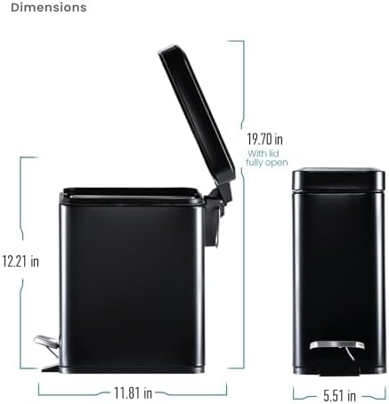 Home Zone Living 2-Pack 1.3 Gallon Small Black Bathroom Trash Can with Lid and Step Pedal, Stainless Steel Wastebasket with Slim Design for Home and Office, 5 Liters