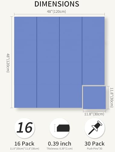 48" x 48" Cork Board Alternative, 16 Pack Felt Bulletin Board Tiles with 30 Adhesive Tabs Wall Push Pin Board for Office Classroom Bedroom Decor
