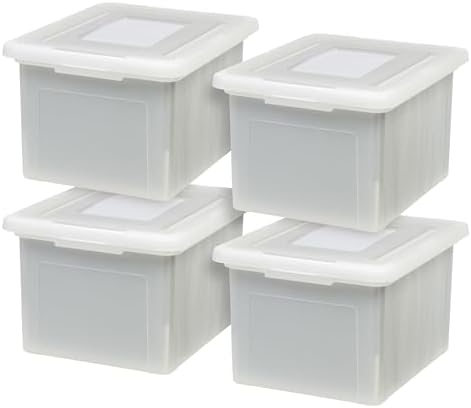 IRIS USA 4-Pack 35 Qt. Letter File Box with Lid, Pearl | Organize lesson plans, classroom files and teaching materials with secure storage for teachers, schools and educators