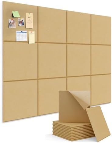 Kuchoow Large Felt Bulletin Cork Board Self-Adhesive Brown Squares Pin Wall Tiles, 48'' x 36'' Vision Tack Panels for Classroom Office Display 12 Pack Corkboard for Kitchen Bedroom Home Decor