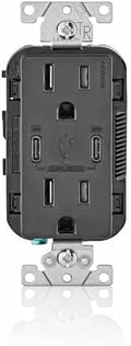 Leviton 30W (6A) USB Dual Type-C/C Power Delivery In-Wall Charger with 15A Tamper-Resistant Outlet, USB Charger for Smartphones, Tablets, Laptops, T5635-E, Black