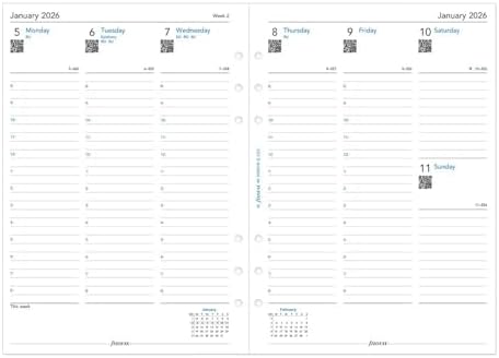 Filofax Calendar Diary Refill, A5 Size, Week-to-View with Appointments, Vertical, Multi-Fit, White Paper, English, 2026 (C68521M-26)