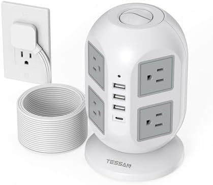 TESSAN Tower Power Strip 15 ft, Long Flat Extension Cord，Multiple Outlets
