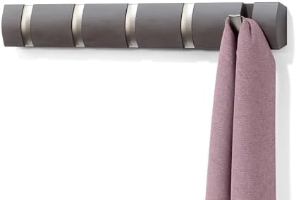 Umbra Flip Coat Rack, Wall Mounted 5-Hook Space Saving, Driftwood/Nickel