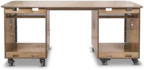 Sound Town DIY Music Studio Rack Desk Workstation with 2 X 13U Side Cabinets, Two Slide-Out Trays, Casters, Plywood, Weathered Brown for Recording Room, Home Studio (SDRK-WS69)