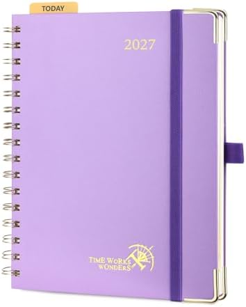 POPRUN 2027 Planner Daily Weekly and Monthly Calendar with Hourly Schedule(Medium Size 8.5'' x 6.25'' Wire-Bound Hard Cover) - Agenda 2027 (Jan.2027-Dec.2027), Monthly Tabs - Violet