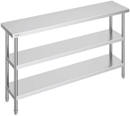 VEVOR Stainless Steel Food Prep Table, 14 x 60 x 34 Inch Commercial Kitchen Worktable, with 2 Adjustable Undershelf, Heavy Duty Prep Table Metal Workstations for BBQ, Kitchen, Home, and Garage