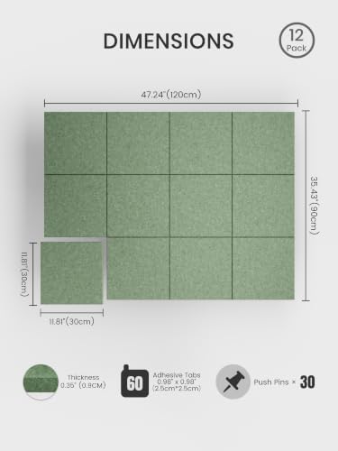 Bumusty 48"x 36" Large Felt Bulletin Board Tiles, Moss Green