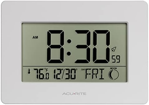AcuRite Wireless Digital Wall/Tabletop Clock with 4 Interchangeable Plastic Frames - Stainless Steel, Bamboo, Matte Black, and Matte White – with Date, Indoor Temperature, and Moon Phase (75439)