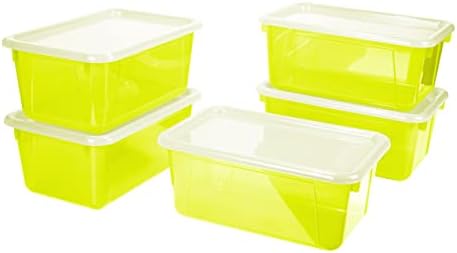 Storex Small Cubby Bins – Plastic Storage Containers for Classroom with Non-Snap Lid, 12.2 x 7.8 x 5.1 inches, Tint Yellow, 5-Pack (62482A05C)