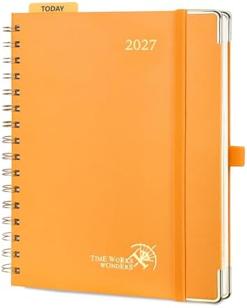 POPRUN 2027 Planner Daily Weekly and Monthly Calendar with Hourly Schedule(Medium Size 8.5'' x 6.25'' Wire-Bound Hard Cover) - Agenda 2027 (Jan.2027-Dec.2027), Monthly Tabs - Orange