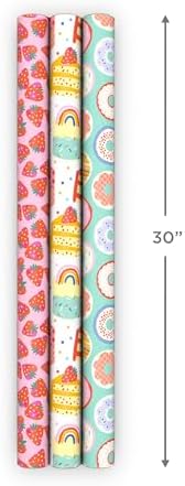 Hallmark Donuts and Strawberry Wrapping Paper Rolls for Birthdays, Valentine's Day, Teacher Appreciation (Set of 3 Rolls: 75 Sq. Ft. Total) Pink, Teal, White, Rainbow, Confetti