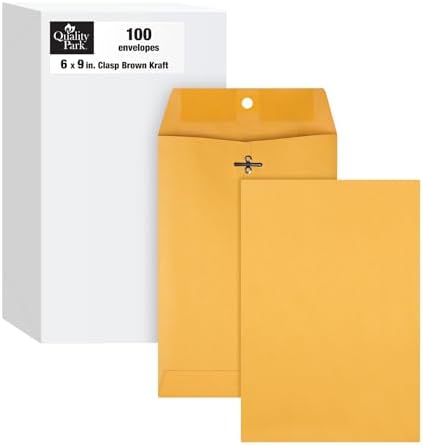 Quality Park 6 x 9 Clasp Envelopes, Clasp and Gummed Closures for Storing or Mailing, 28 lb Kraft Paper, 100 per Box (QUA37855)