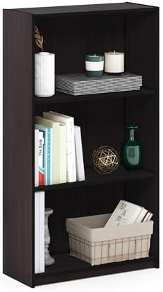 Furinno Basic 3-Tier Book Shelf with Open Shelves, Dark Walnut