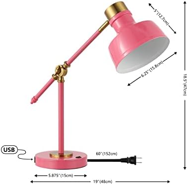 JONATHAN Y Allegra Metal Task Desk Lamp USB Port 18.5", Pink/Brass Gold
