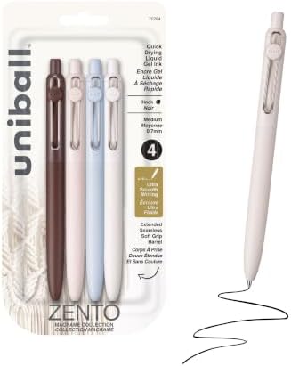 uniball™ Zento Gel Pens, Black Ink, 0.7mm Medium Point, Retractable, 4 Count, Smooth Writing, Quick-Drying, No Smear, No Bleed, Macrame Barrel Colors