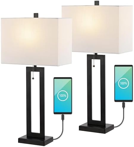 JONATHAN Y Sabrina 28.5" Metal USB Industrial Lamp, Black, Set of 2