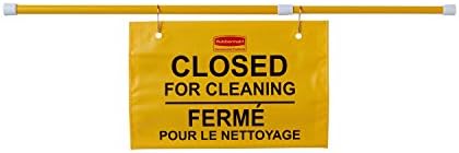 Rubbermaid Commercial Products Heavy Duty Extend-to-Fit, Multilingual "Closed For Cleaning" Hanging Doorway Safety Sign, Yellow, for Office/Restroom/Restaurant/School/Hospital/Hotel