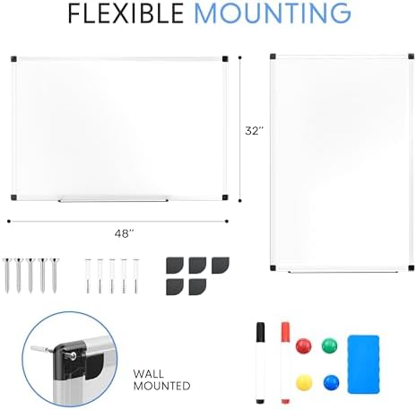Simple Deluxe Magnetic Dry Erase Board 48" x 32" Whiteboard, 1 Dry Eraser & 2 Multicolor Markers & 4 Magnetic Pins, Silver Reinforced Aluminum Frame for Home, School, Office