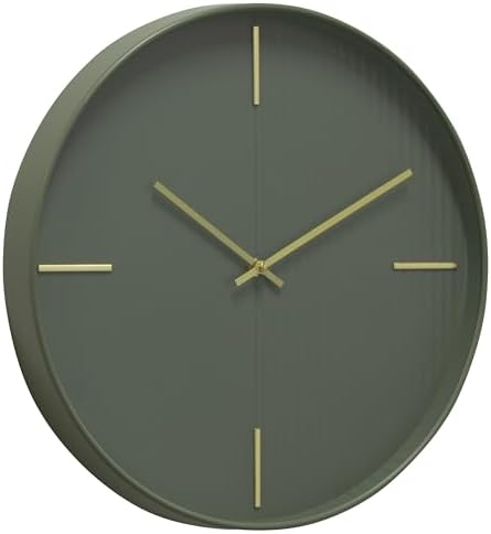 Zen Grove Minimalist Wall Clock, 15.75” Modern Green Wall Clock with Gold Accents, Subtle Stripe Face, Quartz Movement, Glass Cover, Contemporary Home Décor
