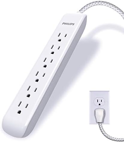Philips 6-Outlet Extender Surge Protector, Wall Tap, ETL Listed, White, SPP3461WA/37 & Philips 6 Outlet Power Strip Surge Protector, 6 Ft Power Cord, Designer Braided Extension Cord, White