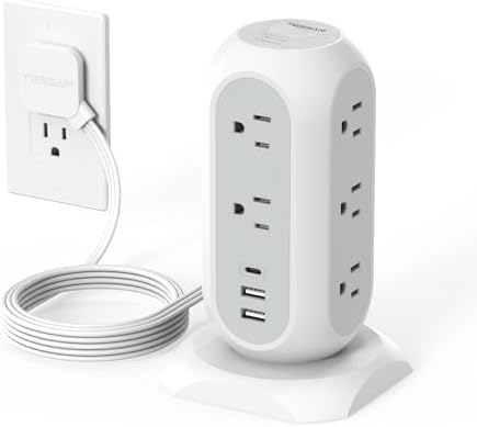 TESSAN Tower Power Strip Flat Plug with 1050J Surge Protection, 6 Ft, Grey