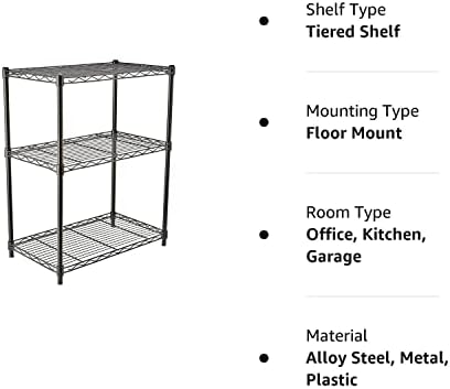 Amazon Basics 3-Shelf Adjustable Heavy Duty Steel Wire Rack Storage Shelving Organizer with Storage Space, Versatility and Ease of Use for Kitchen, Garage, 23.2" L x 13.4" W x 30" H, Black