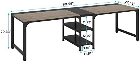 Tribesigns 90.55'' 2 Person Desk with Storage Shelves, Double Computer Desk with Spacious Desktop, Extra Long Study Writing Table Workstation for Home Office (Black & Gray)