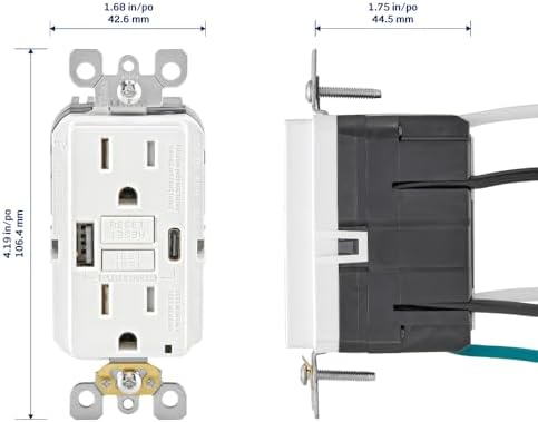 Leviton 15A SmartlockPro Self-Test GFCI Combination with Type A & Type-C USB in-Wall, USB Charger for Smartphones and Tablets, GUAC1-W, White