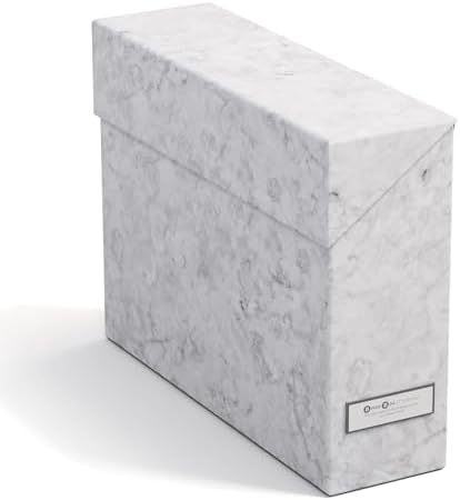 Bigso Lovisa Fiberboard Label Frame 12 File Storage Box - Paperwork Storage Box with Metal Label Holder - Durable Document Organizer with Flip Top Lid - 3.7in x 13in x 9.4 in - Marble