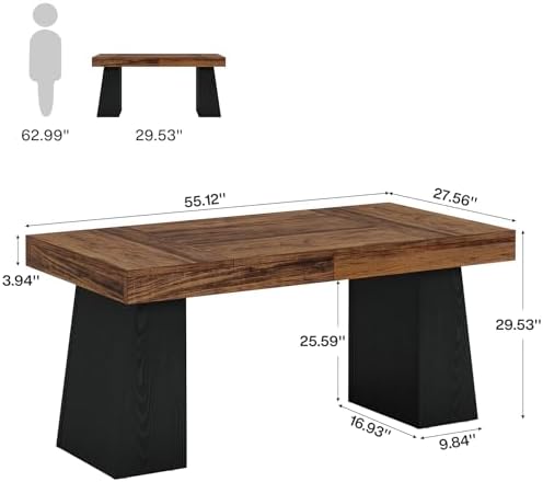Tribesigns 55" Executive Desk, Wooden Office Desk with Double Pedestal, Modern Simple Computer Writing Table for Home Office, Brown & Black