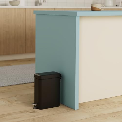 Home Zone Living 1.3 Gallon Small Bathroom Trash Can with Lid and Step Pedal, Stainless Steel Wastebasket with Slim Design for Home and Office, Matte Black, 5 Liters