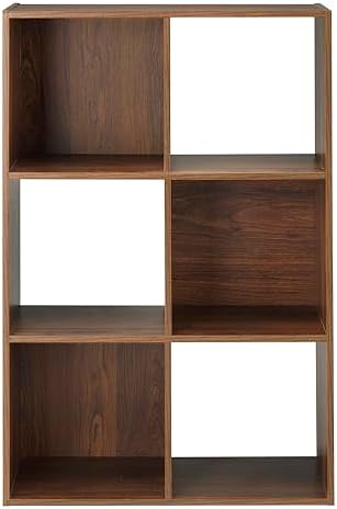 Whitmor 6 Cube Bookcase Storage Organizer, 3 Tier Stackable MDF Bookshelf, Open Storage Display Shelf, Storage Cabinet for Living Room, Bedroom, Home, Office, 23.9" L x 11.7" W x 35.5" H, Walnut