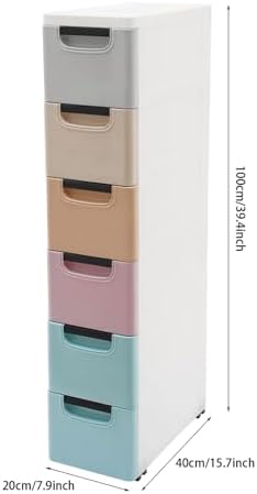 Slim 6 Drawers Storage Cabinet for Narrow Space, PP Storage Tower with 77 lbs Capacity, for Home Office Bedroom Living Room, 15.7" W x 7.9" D x 39.4" H (Multicolor)