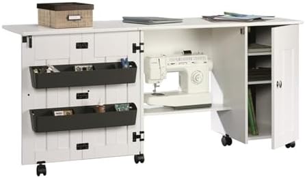 Sauder Folding SewingTable & Craft Cart Storage Cabinet, in Soft White