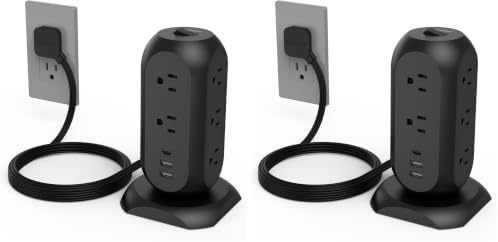 TESSAN Tower Power Strip Flat Plug with 1050J Surge Protection, 6 Ft, Black (Pack of 2)