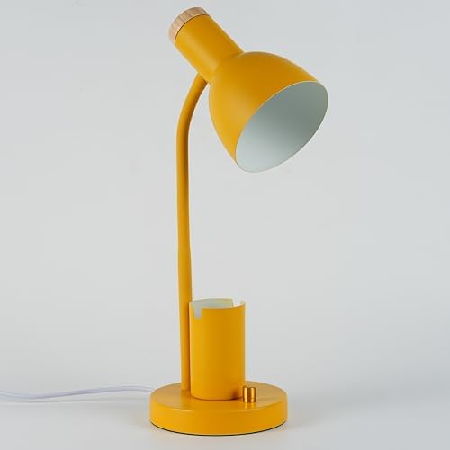 Desk Lamp with Pen Holder, Green, Wood Accent, Adjustable Gooseneck, Modern Study Light (Yellow)
