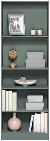 Furinno Jaya Book Shelf, 5-Tier Bookshelf, Bookcase with Adjustable Shelves, 9.5" x 24.5" x 71.2", for Organization and Storage, for Living Room, Bedroom, Home Office, Sage Green