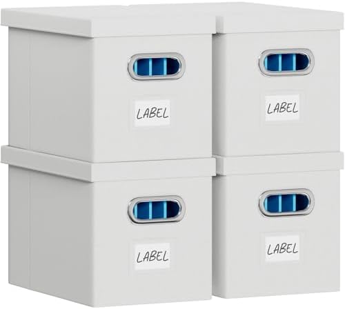 FHSQX 4Pack File Box with Lid, White, 14 x 9.3 x 10.9 in | File Organizer Box, Portable Hanging File Box, Decorative Filing Storage Boxes, For Office & Home File Cabinet