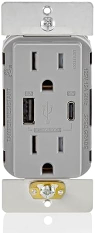 Leviton T5634-G 60W (20V@2.5A+ 5V@2A) USB Dual Type A/Type-C Power Delivery in-Wall Charger with 15A Tamper-Resistant Outlet, USB Charger for Smartphones, Tablets, Laptops, Gray