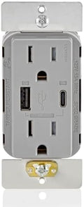 Leviton T5634-G 60W (20V@2.5A+ 5V@2A) USB Dual Type A/Type-C Power Delivery in-Wall Charger with 15A Tamper-Resistant Outlet, USB Charger for Smartphones, Tablets, Laptops, Gray