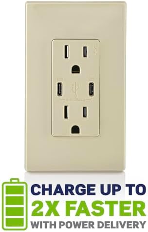 Leviton 30W (6A) USB Dual Type-C/C Power Delivery in-Wall Charger with 15A Tamper-Resistant Outlet, USB Charger for Smartphones, Tablets, Laptops, T5635-I, Ivory