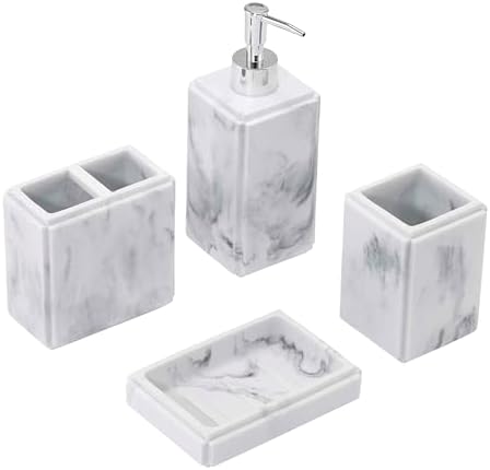 Avanti Linens - Accessory Set, 4pc Set Includes Resin Tumbler, Toothbrush Holder, Soap Dish & Lotion Pump/Soap Dispenser, Marble Home Decor (Catania Collection, Grey)