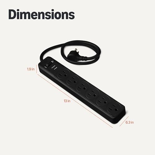 Amazon Basics Rectangle 6-Outlet Surge Protector Power Strip with Circuit Breaker, 600 Joule, 2ft Cord, Black, 2-Pack