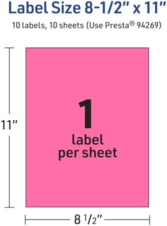 Avery Printable Sticker Paper, 8-1/2" x 11", Full-Sheet Labels, Bright Pink Labels, Laser/Inkjet Printable, 10 Total, Great for Packaging and Stickers