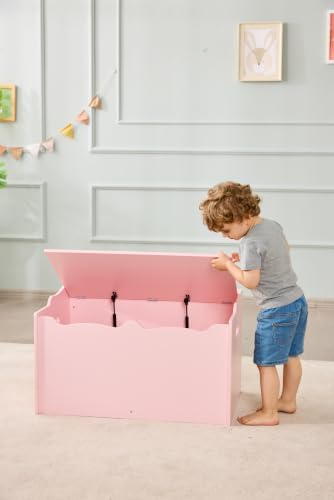 Amazon Basics Kids Wooden Toy Storage Chest with Safety Lid, Spacious Organizer for Bedroom, Pink, 30" x 18" x 19"