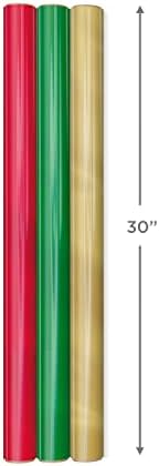 Hallmark Christmas Wrapping Paper Rolls - Solid Red, Green, Gold Metallic Foil Gift Wrap Paper (Set of 3 Rolls: 60 sq. ft. ttl.) for Holiday Parties, Hanukkah, Winter Weddings