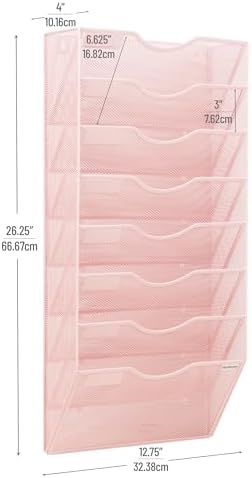 Mind Reader Wall File Organizer, 8 Pocket Hanging Document Rack, Office Wall Mount, Metal Mesh, Pink