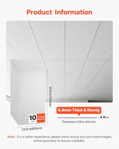 VEVOR 24 x 48 in PVC Ceiling Tiles 10-Pack Drop Ceiling Panels White, PVC Foam Board, Grid Fit, Water-Resistant, Flexible Cut, Easy to Clean, Modern Decorative for Home,Office,Kitchen,Living Room